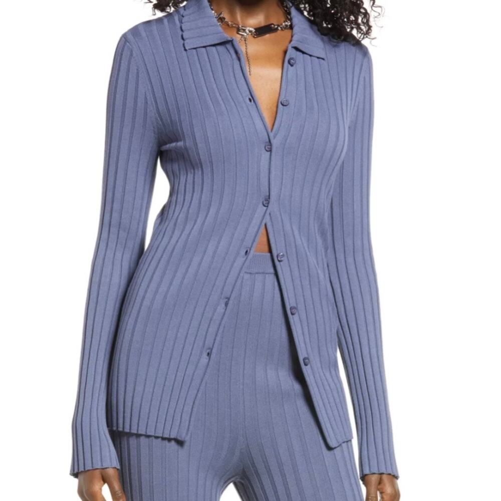Nordstrom Open Edit Blue Rib Knit Collared Button-Up Long Sleeve Top MEDIUM